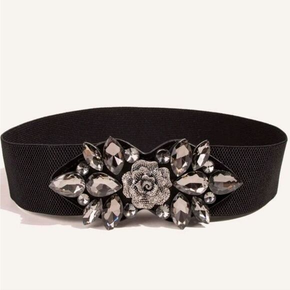 Ornate Rhinestone Black Victorian Stretch Wide Belt - Picture 1 of 6